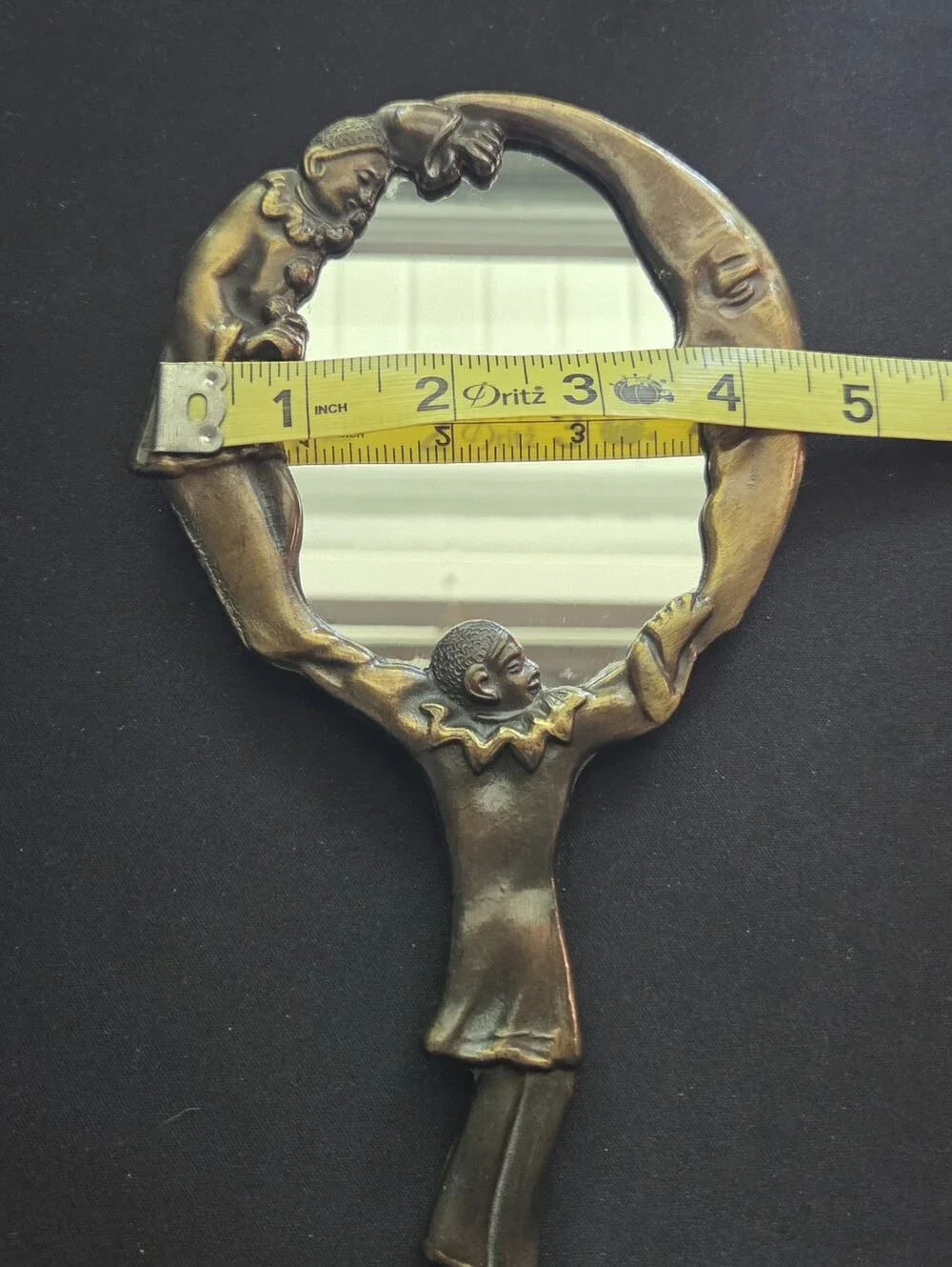 Vintage Art Nouveau Bronze Pierrot Clown Hand Mirror